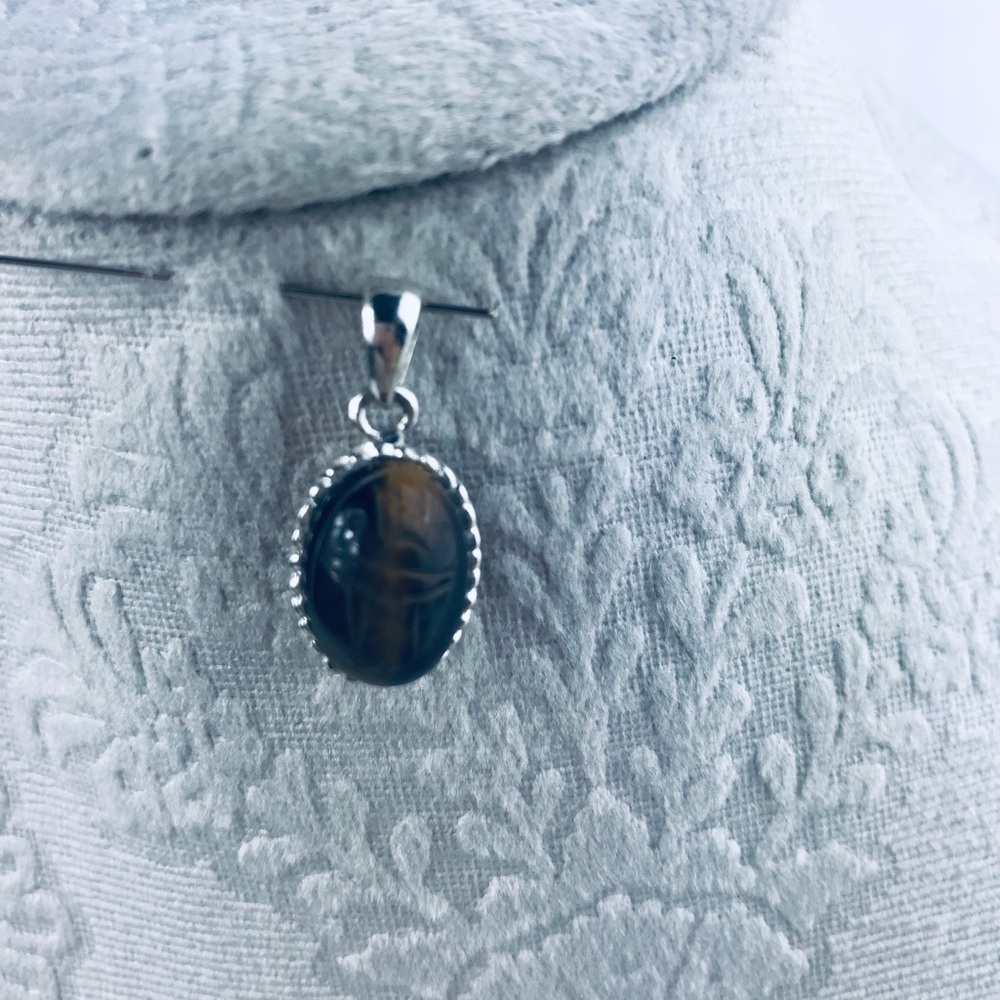 New: Tigers Eye Oval Beveled Sterling Silver 925 Pendant